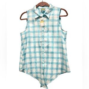 NWT C&C California sleeveless front tied plaid Maui blue shirt size M